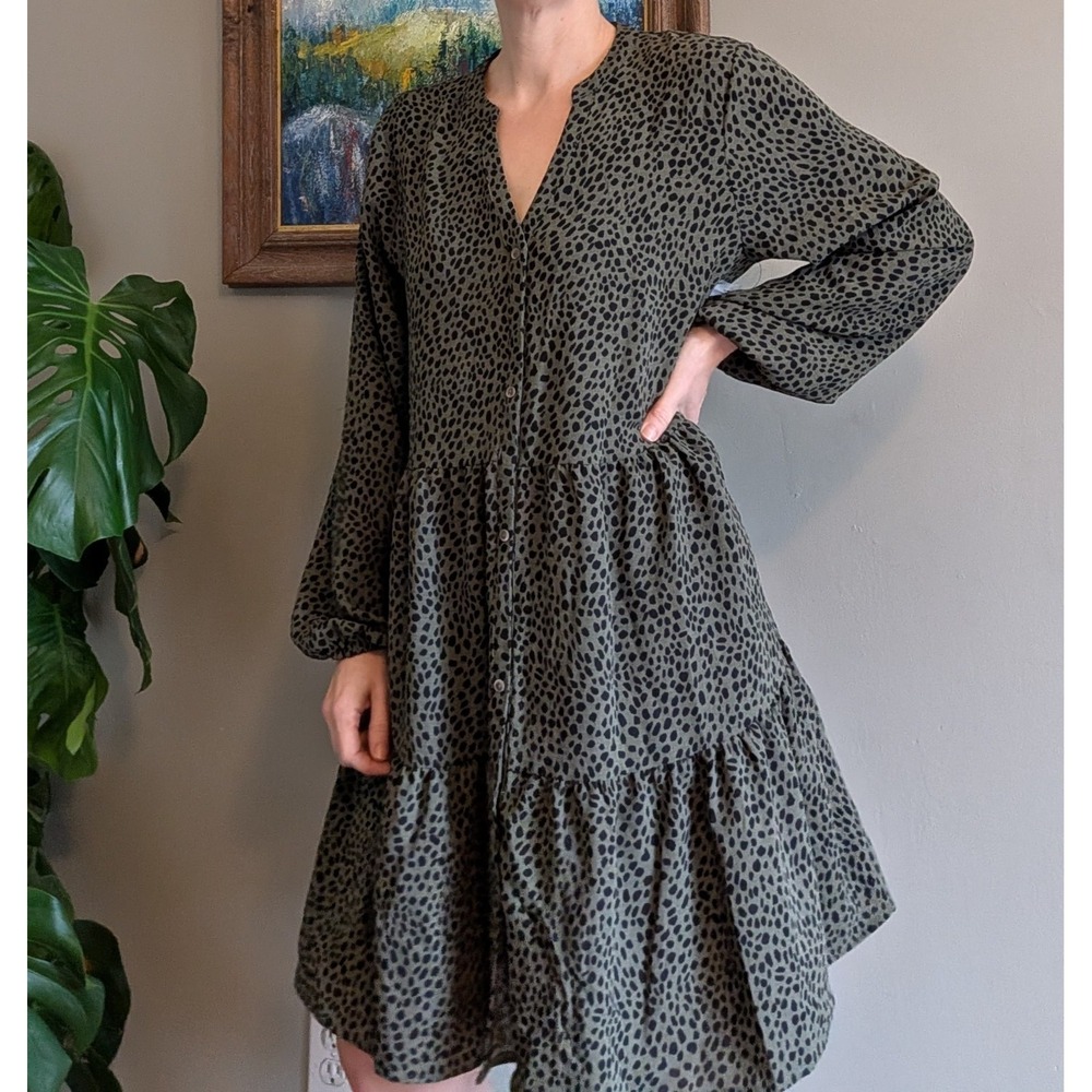 NWT Nine West Dress Olive Green Animal Print Tiered Long Sleeve Size‎ Large NEW
